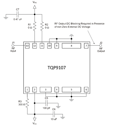 Application Circuit Diagram - Qorvo TQP9107 600MHz to 960MHz 2-Stage Power Amplifier